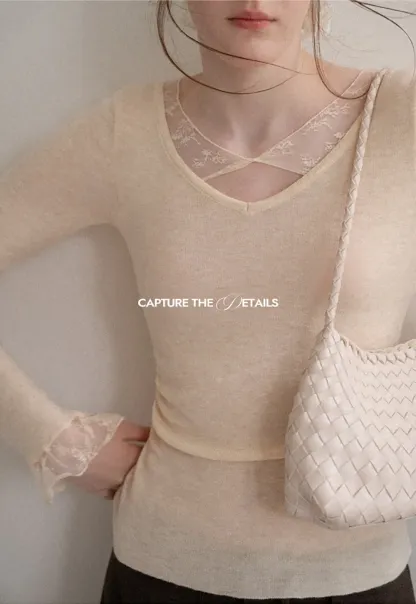 Lace Trim V Neck Long Sleeve Knit Sweater