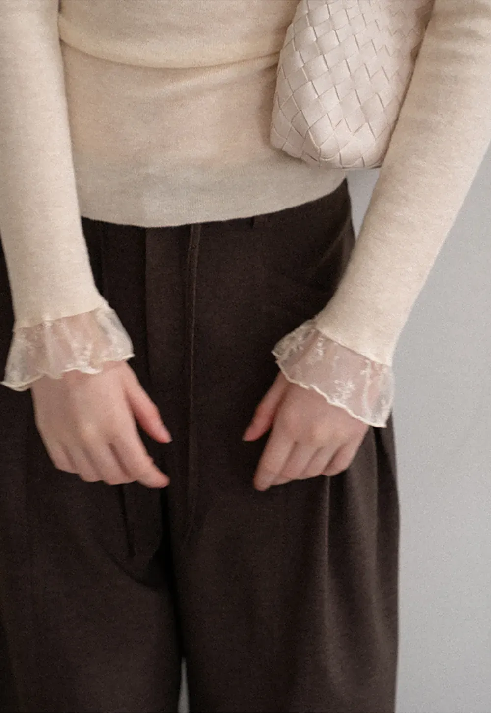 Lace Trim V Neck Long Sleeve Knit Sweater
