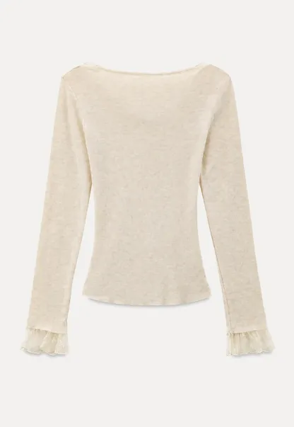 Lace Trim V Neck Long Sleeve Knit Sweater