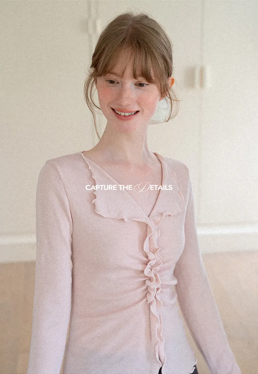 Ruffled V Neck Knit Sweater with Front Twist Detail