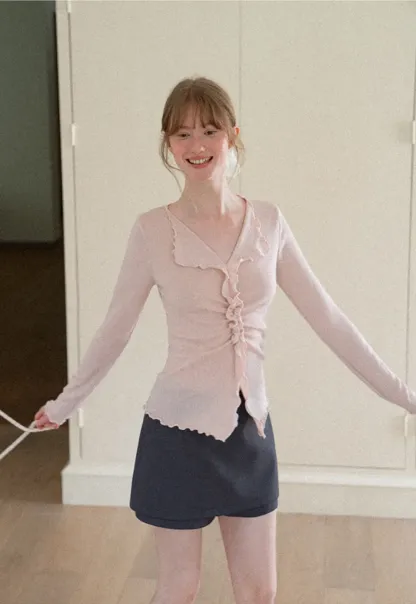 Ruffled V Neck Knit Sweater with Front Twist Detail