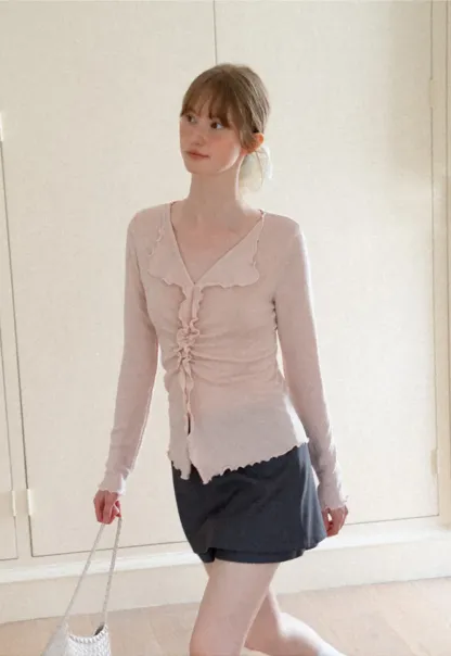 Ruffled V Neck Knit Sweater with Front Twist Detail