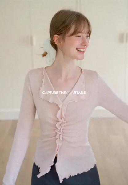 Ruffled V Neck Knit Sweater with Front Twist Detail