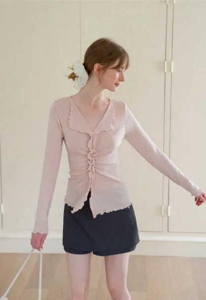Ruffled V Neck Knit Sweater with Front Twist Detail