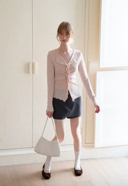 Ruffled V Neck Knit Sweater with Front Twist Detail
