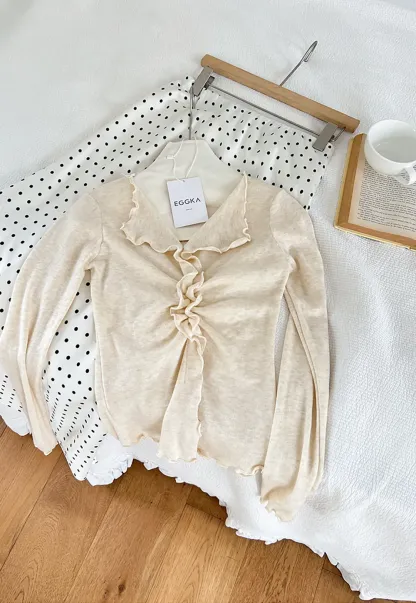 Ruffled V Neck Knit Sweater with Front Twist Detail