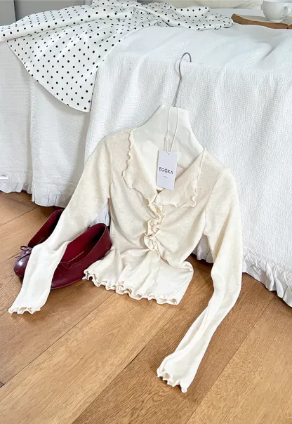 Ruffled V Neck Knit Sweater with Front Twist Detail