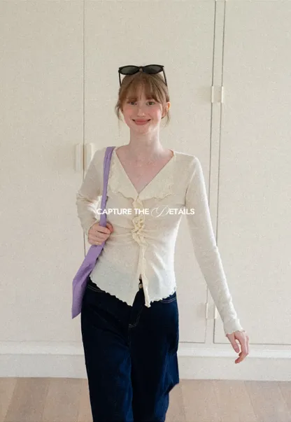 Ruffled V Neck Knit Sweater with Front Twist Detail