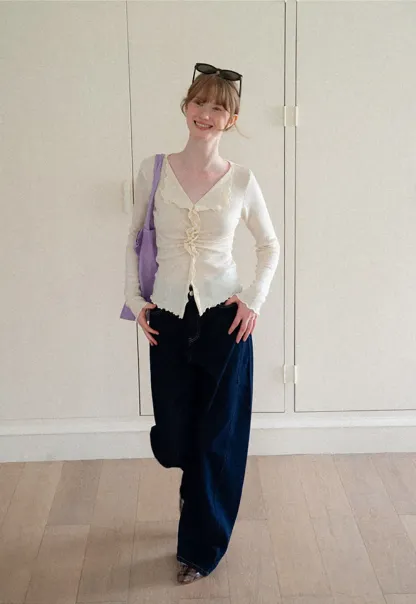 Ruffled V Neck Knit Sweater with Front Twist Detail