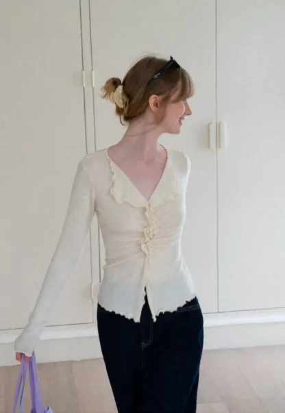 Ruffled V Neck Knit Sweater with Front Twist Detail