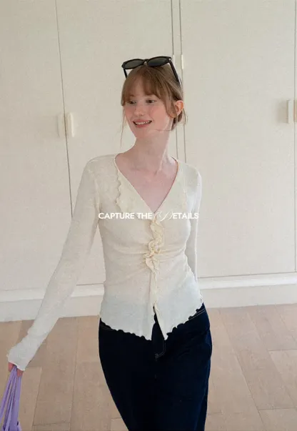 Ruffled V Neck Knit Sweater with Front Twist Detail
