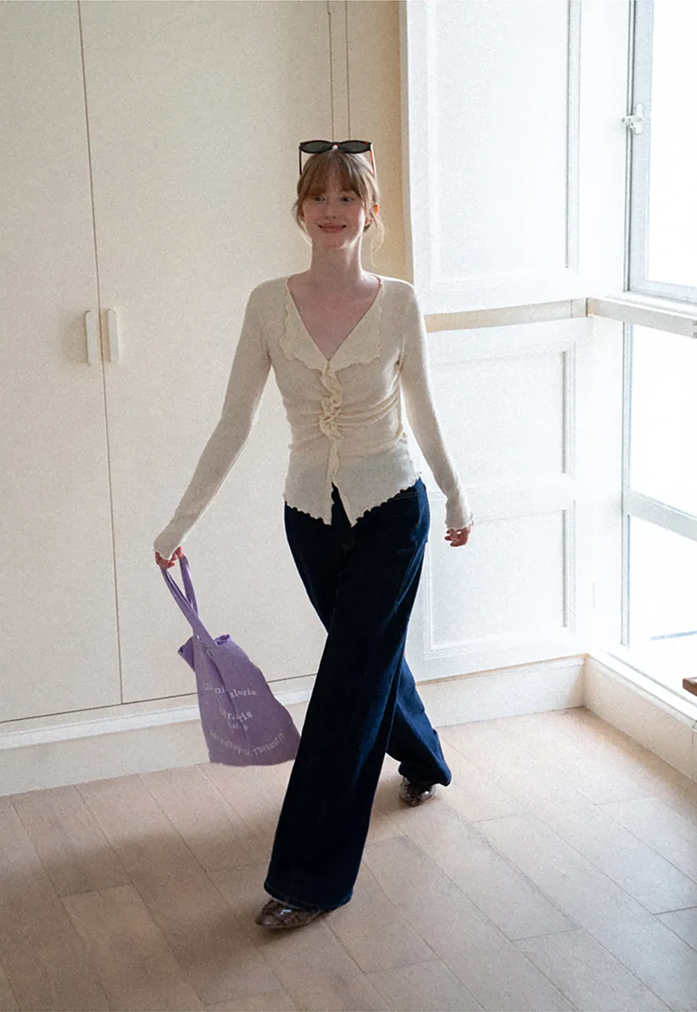 Ruffled V Neck Knit Sweater with Front Twist Detail