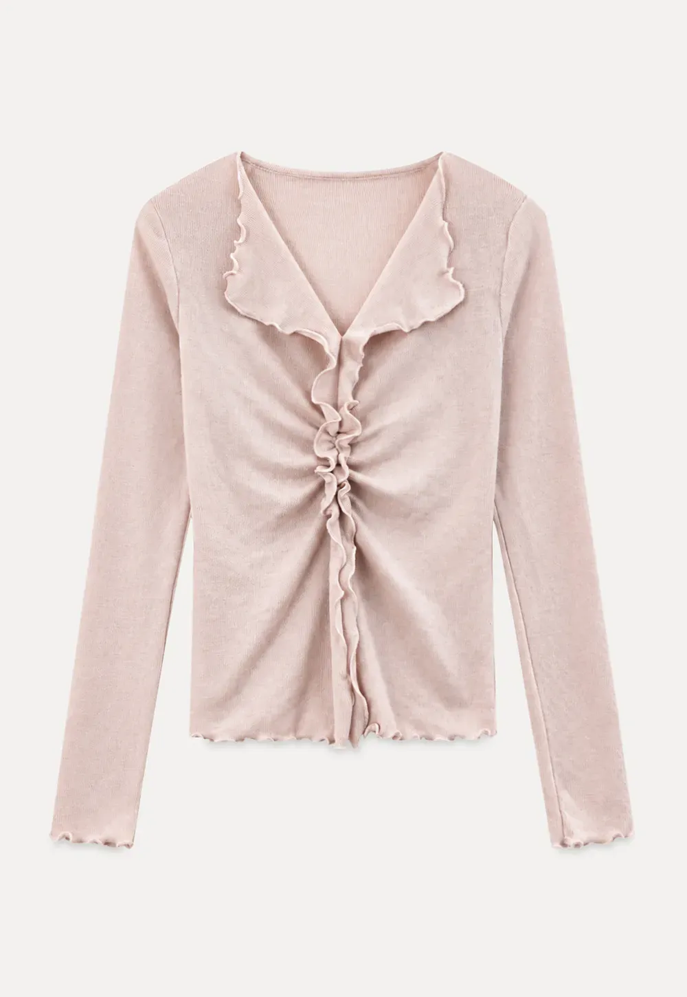 Ruffled V Neck Knit Sweater with Front Twist Detail