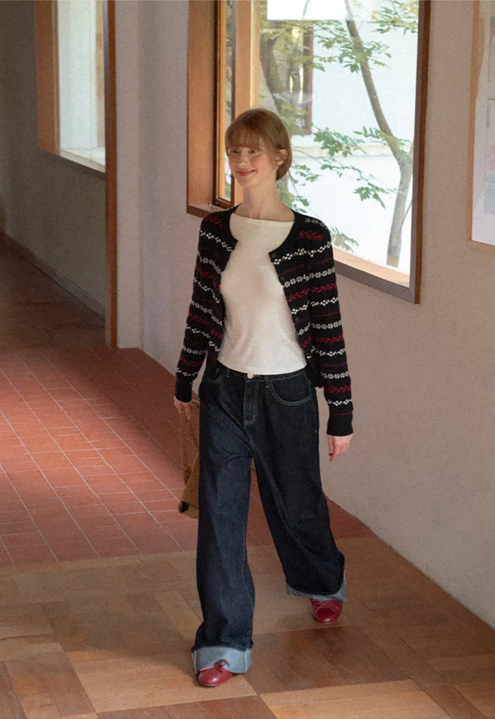 Fair Isle Patterned Cropped Wool Knit Sweater