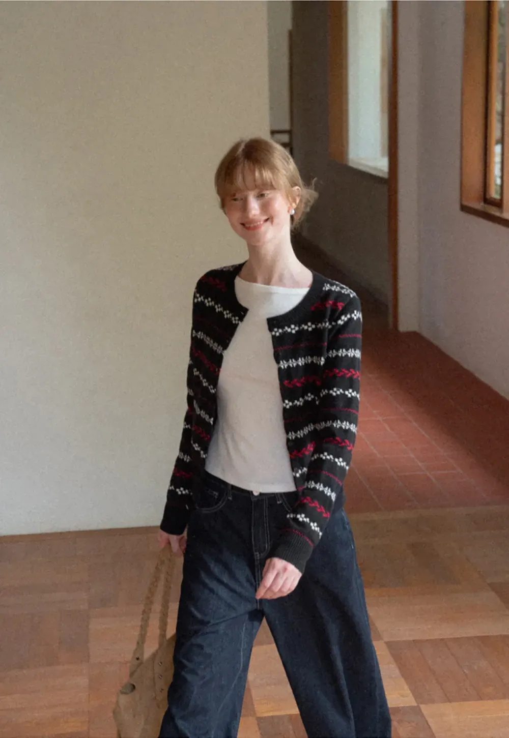 Fair Isle Patterned Cropped Wool Knit Sweater