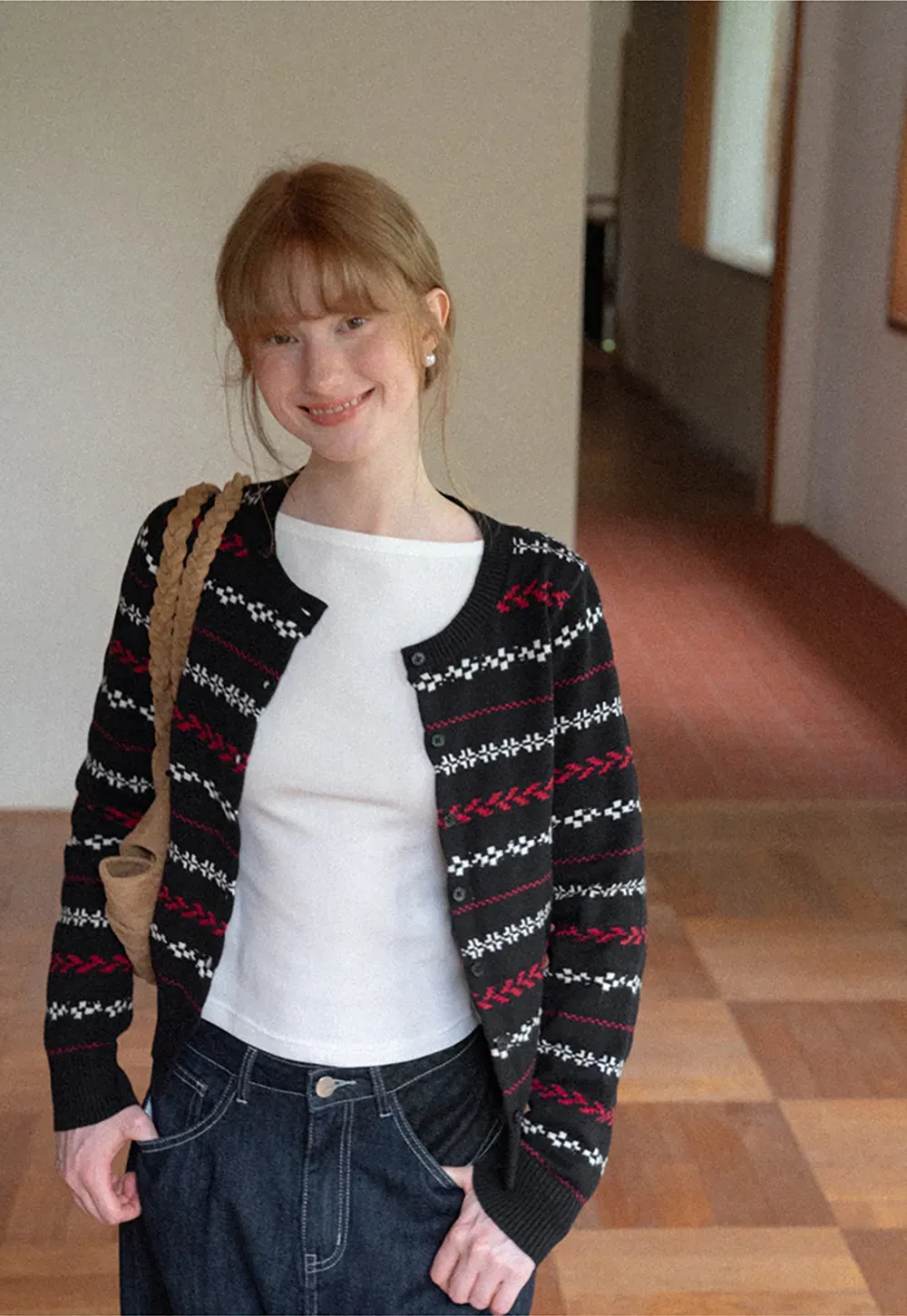 Fair Isle Patterned Cropped Wool Knit Sweater