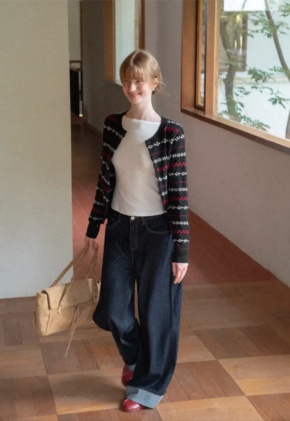 Fair Isle Patterned Cropped Wool Knit Sweater