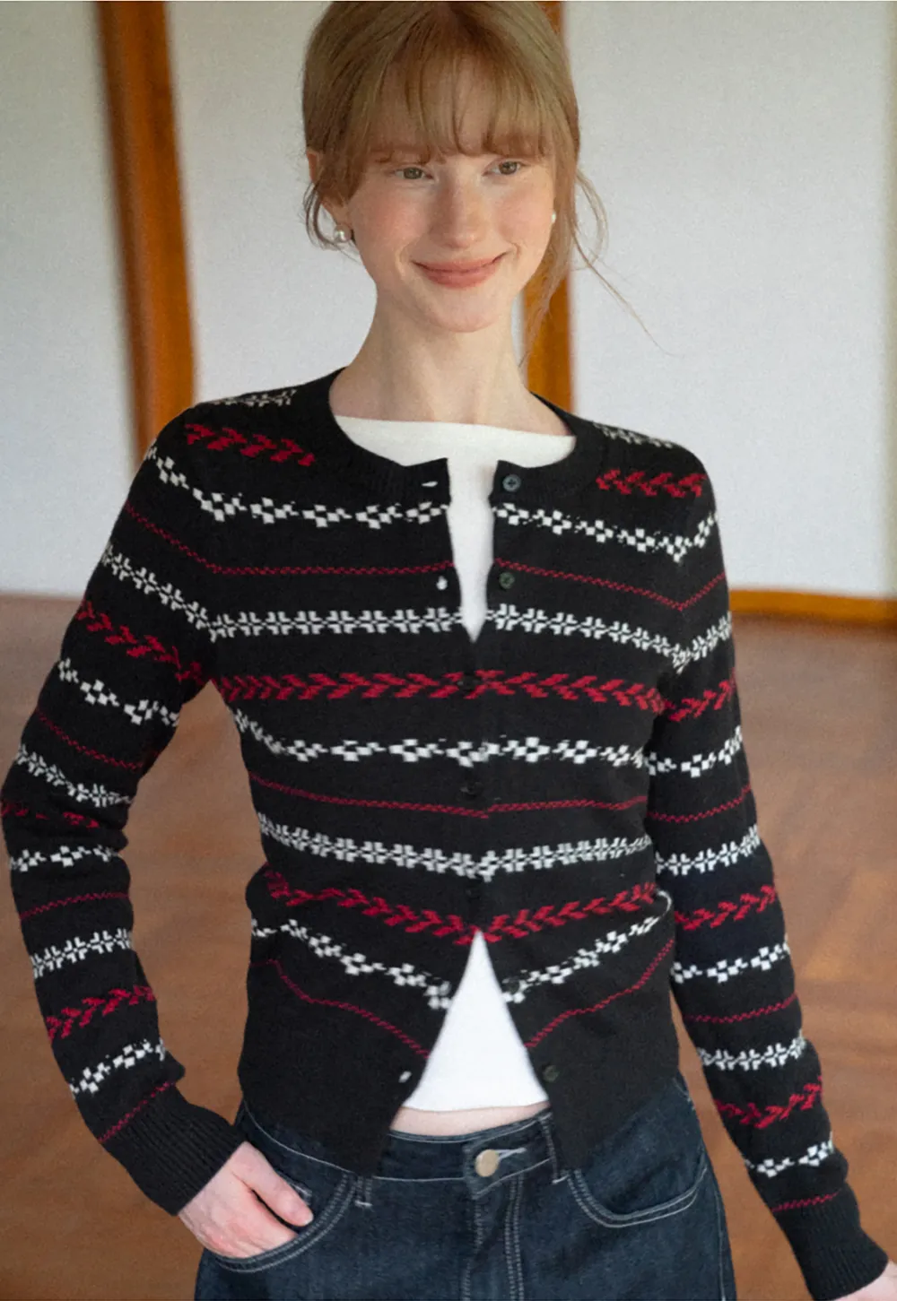 Fair Isle Patterned Cropped Wool Knit Sweater