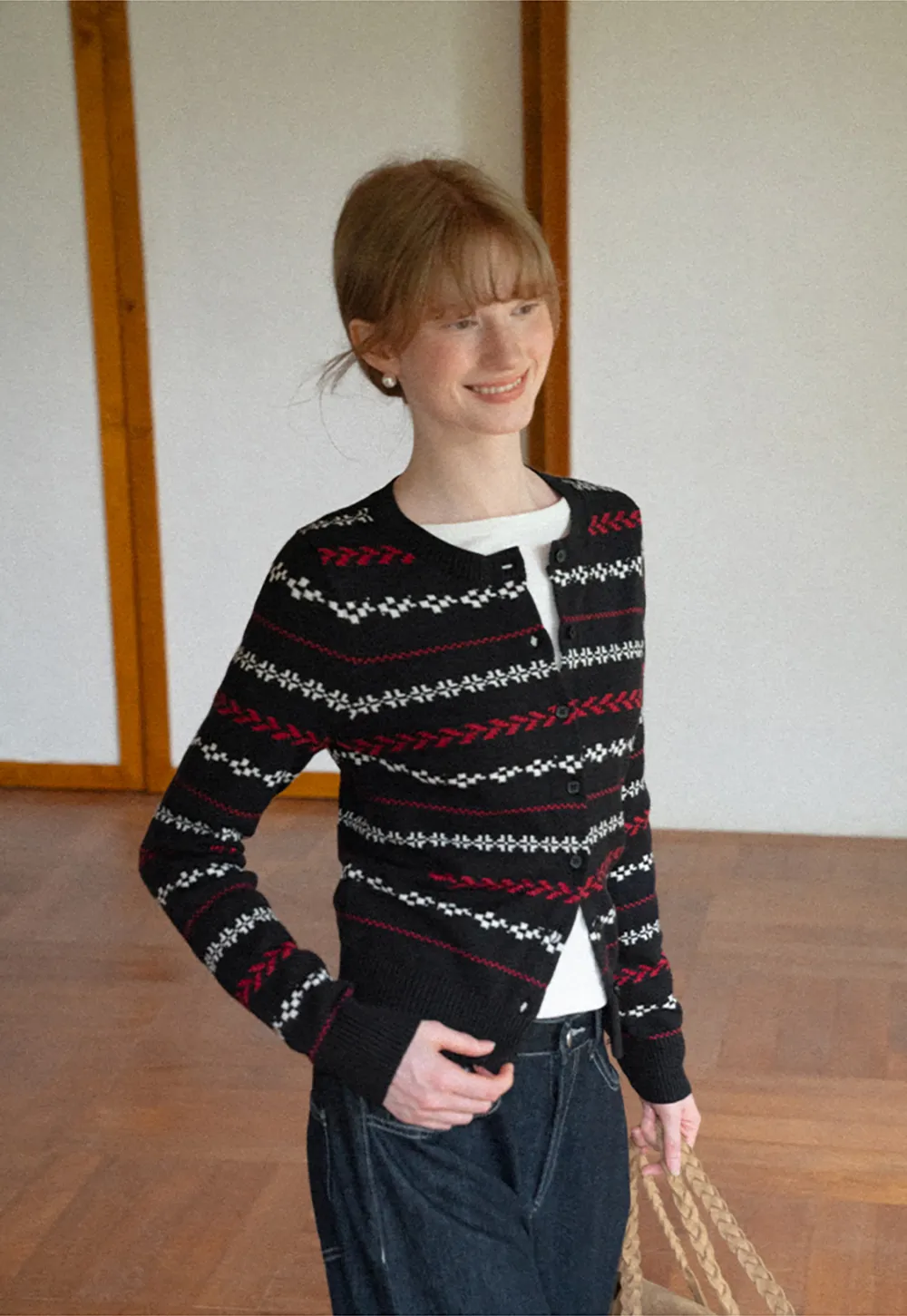 Fair Isle Patterned Cropped Wool Knit Sweater