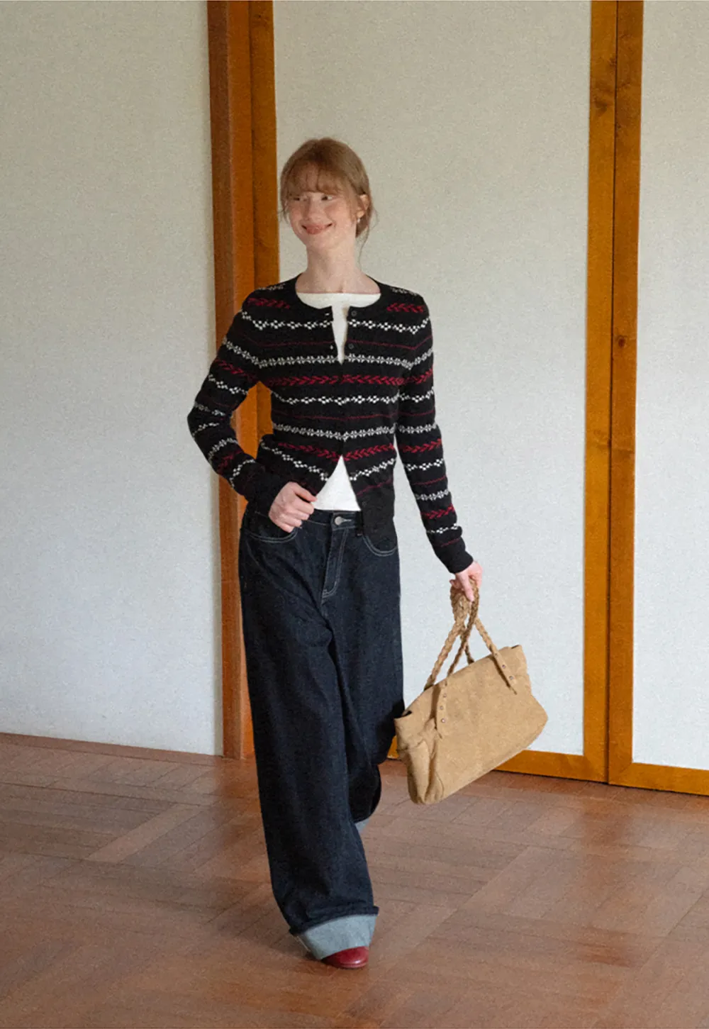 Fair Isle Patterned Cropped Wool Knit Sweater