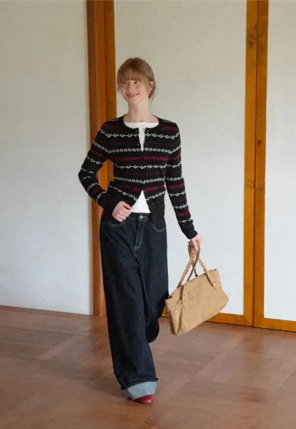 Fair Isle Patterned Cropped Wool Knit Sweater
