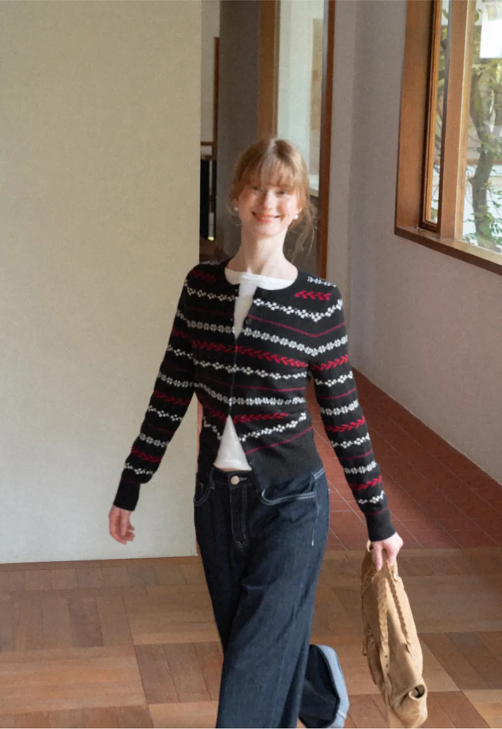 Fair Isle Patterned Cropped Wool Knit Sweater