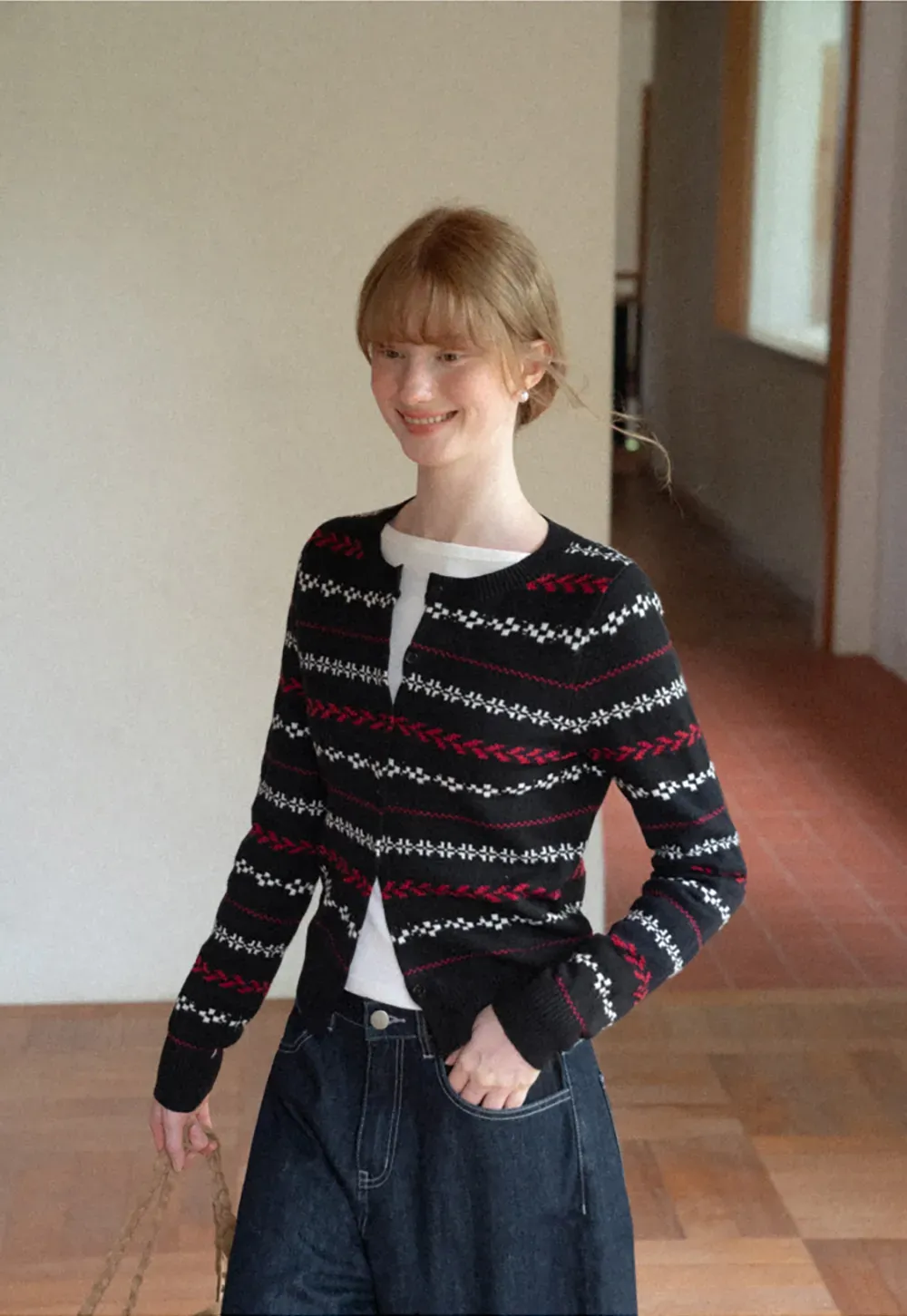 Fair Isle Patterned Cropped Wool Knit Sweater