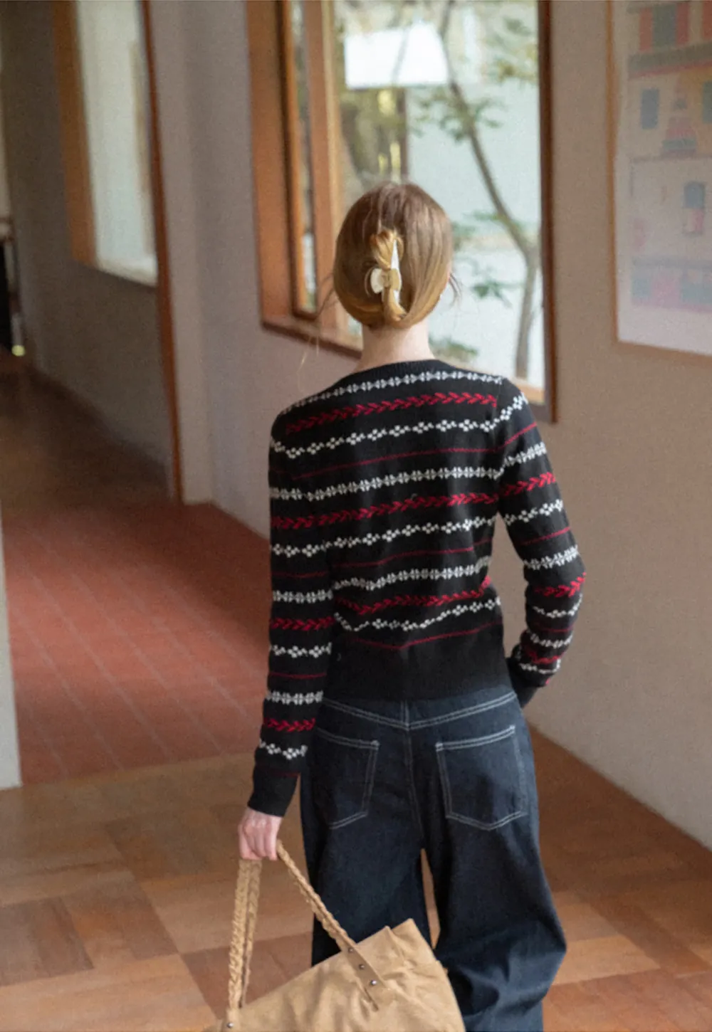 Fair Isle Patterned Cropped Wool Knit Sweater