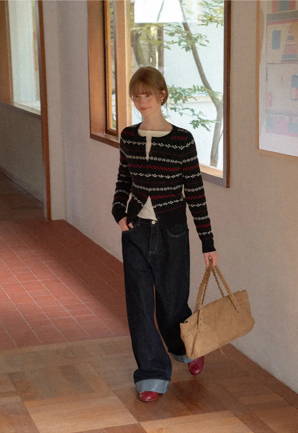 Fair Isle Patterned Cropped Wool Knit Sweater