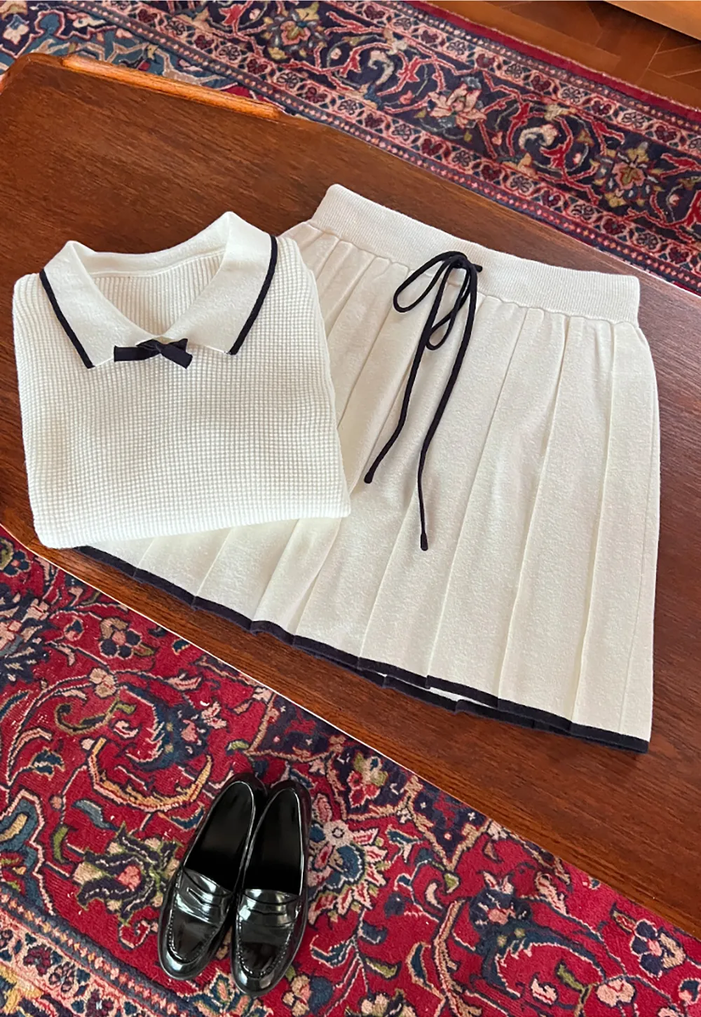 Pleated Skirt with Drawstring Waist and Trimmed Hem