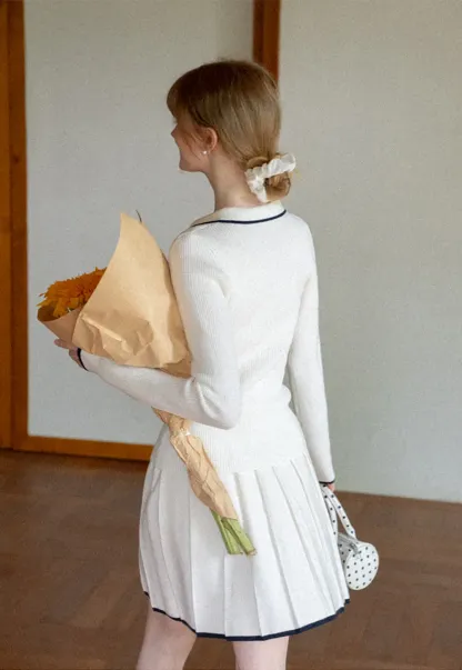 Pleated Skirt with Drawstring Waist and Trimmed Hem