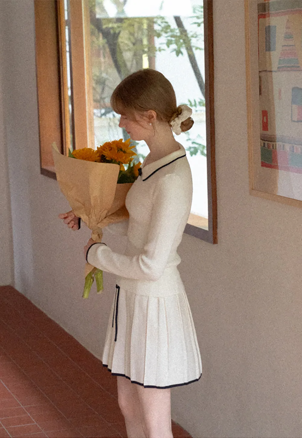 Pleated Skirt with Drawstring Waist and Trimmed Hem
