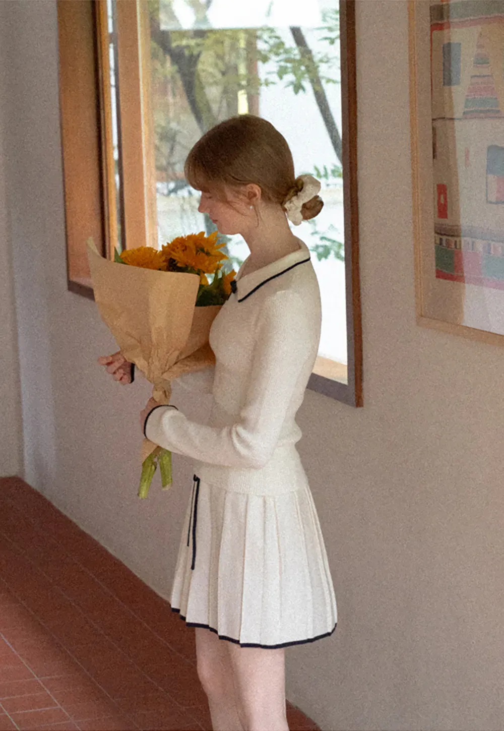Pleated Skirt with Drawstring Waist and Trimmed Hem