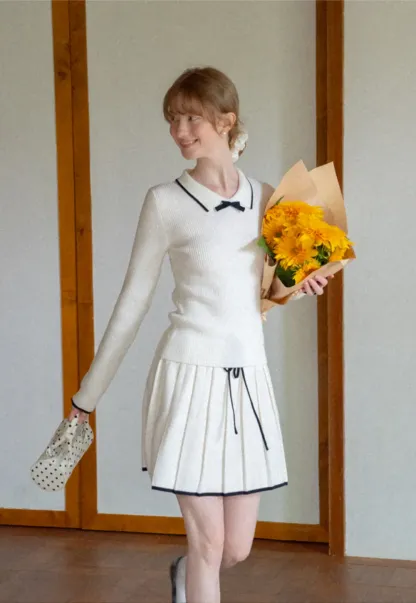 Pleated Skirt with Drawstring Waist and Trimmed Hem