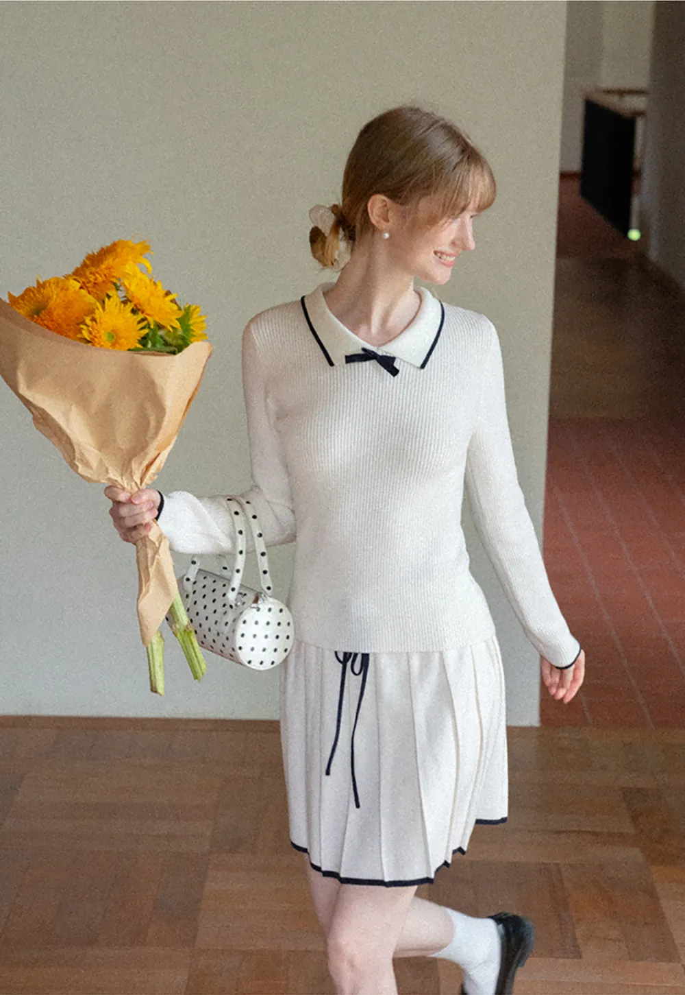 Pleated Skirt with Drawstring Waist and Trimmed Hem