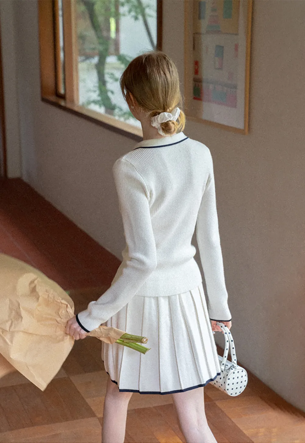 Pleated Skirt with Drawstring Waist and Trimmed Hem
