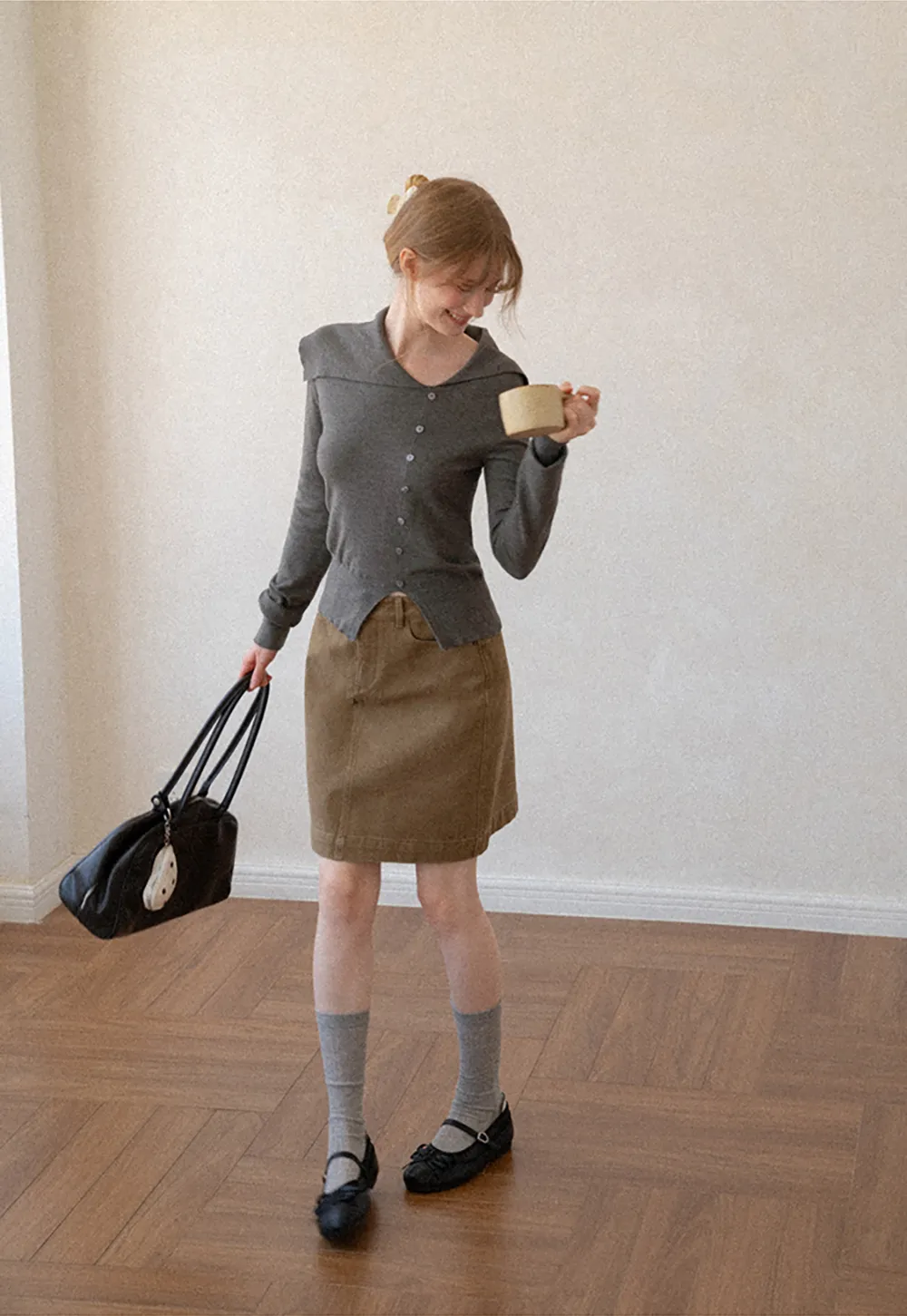 Asymmetrical Hem V Neck Button Front Knit Sweater