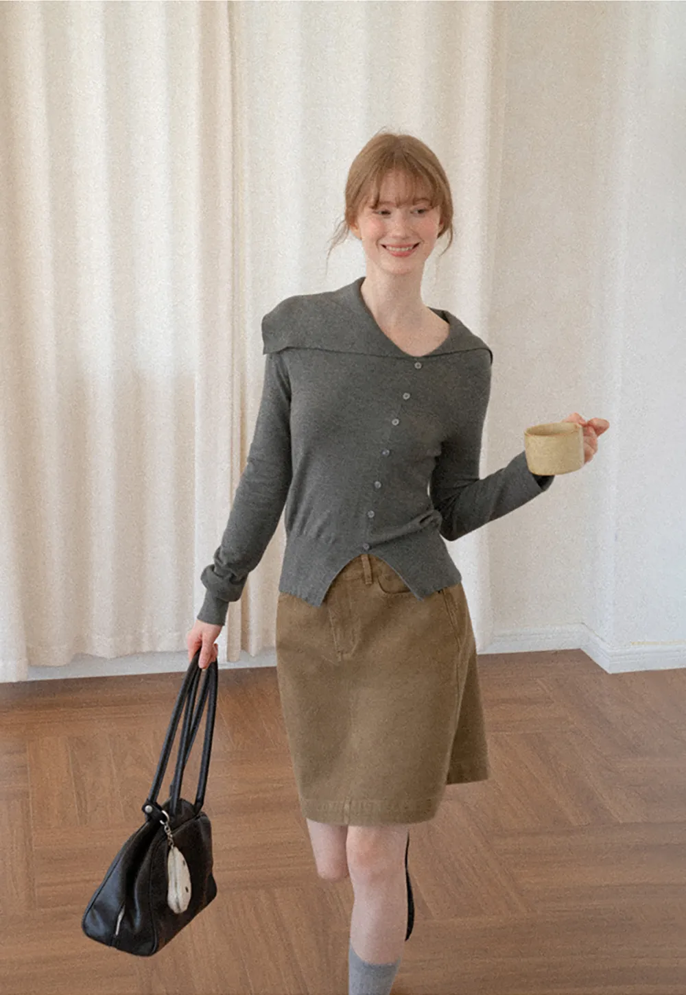 Asymmetrical Hem V Neck Button Front Knit Sweater