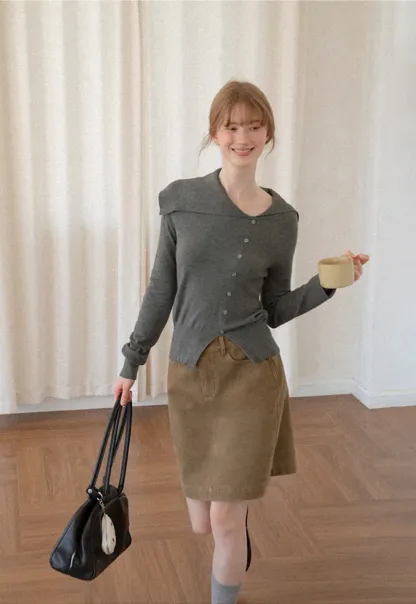 Asymmetrical Hem V Neck Button Front Knit Sweater