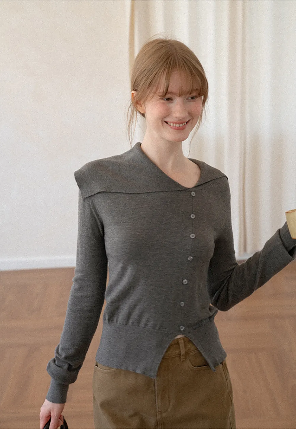 Asymmetrical Hem V Neck Button Front Knit Sweater