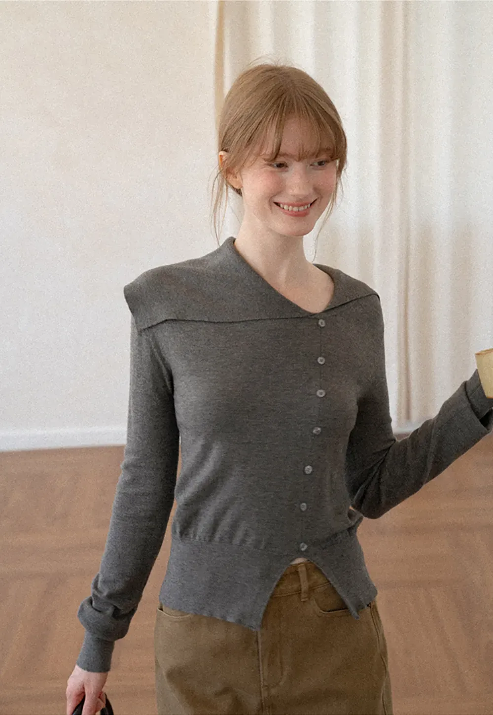 Asymmetrical Hem V Neck Button Front Knit Sweater