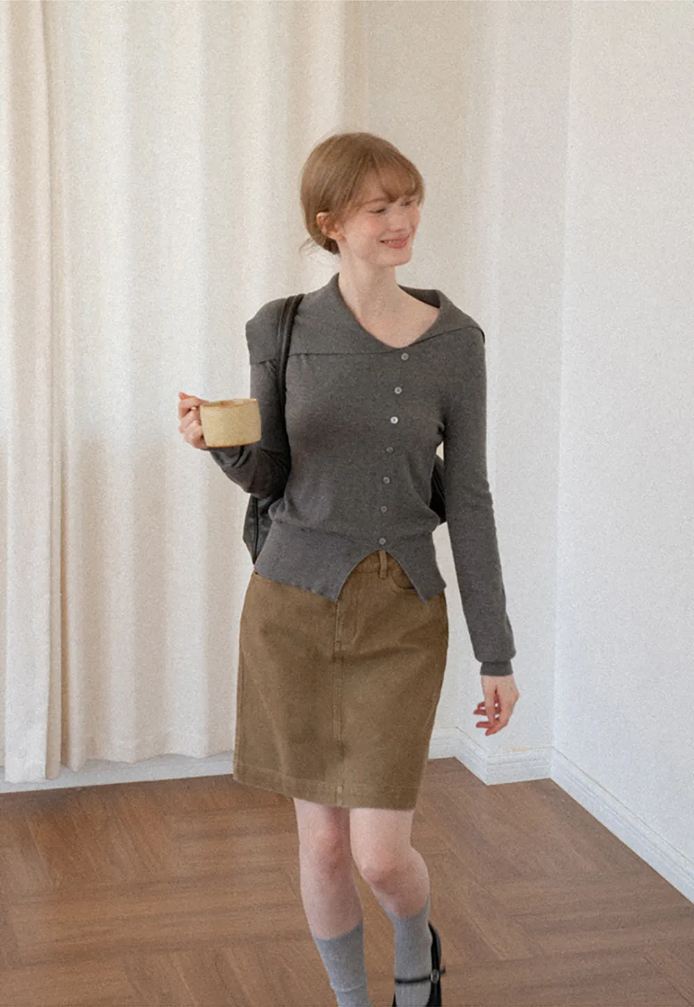 Asymmetrical Hem V Neck Button Front Knit Sweater