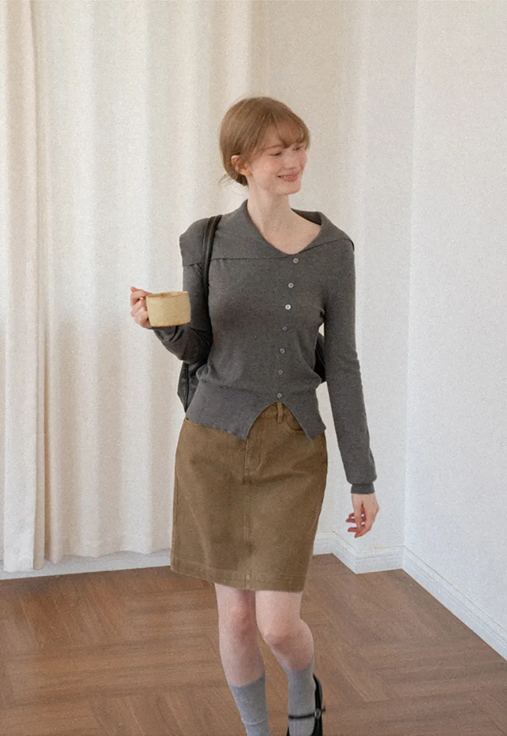 Asymmetrical Hem V Neck Button Front Knit Sweater