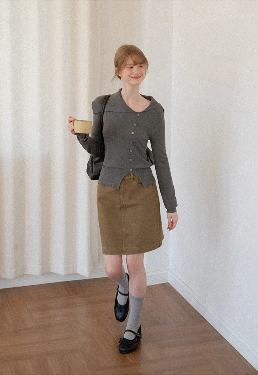 Asymmetrical Hem V Neck Button Front Knit Sweater