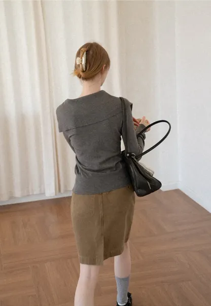 Asymmetrical Hem V Neck Button Front Knit Sweater
