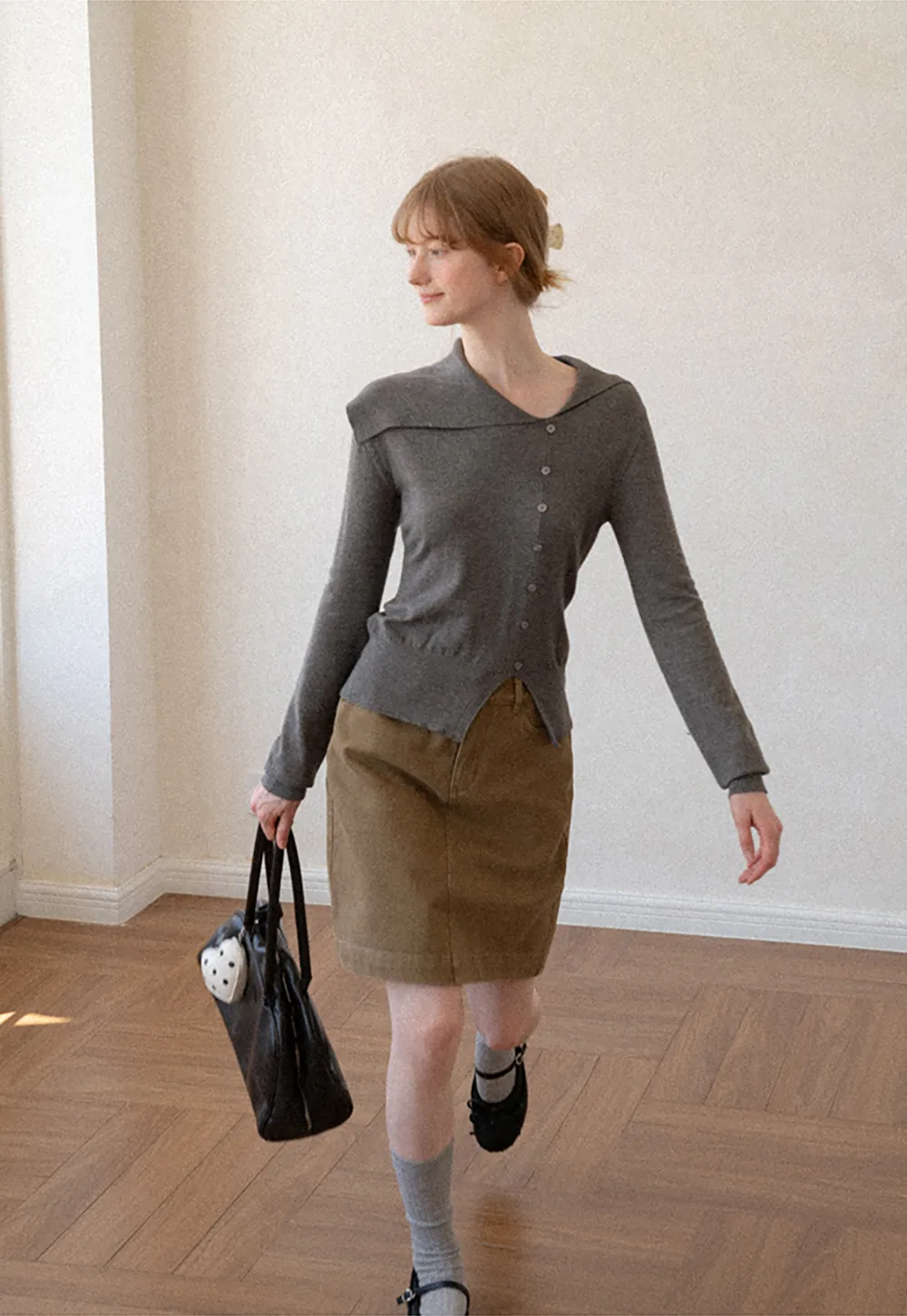Asymmetrical Hem V Neck Button Front Knit Sweater