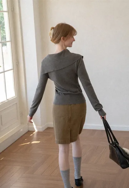 Asymmetrical Hem V Neck Button Front Knit Sweater