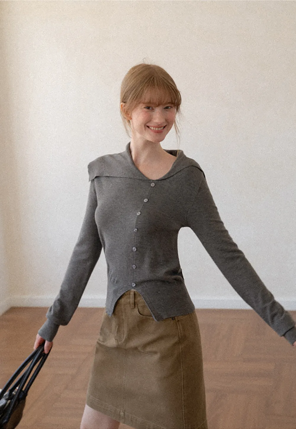 Asymmetrical Hem V Neck Button Front Knit Sweater