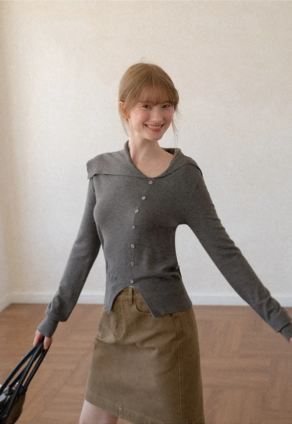 Asymmetrical Hem V Neck Button Front Knit Sweater