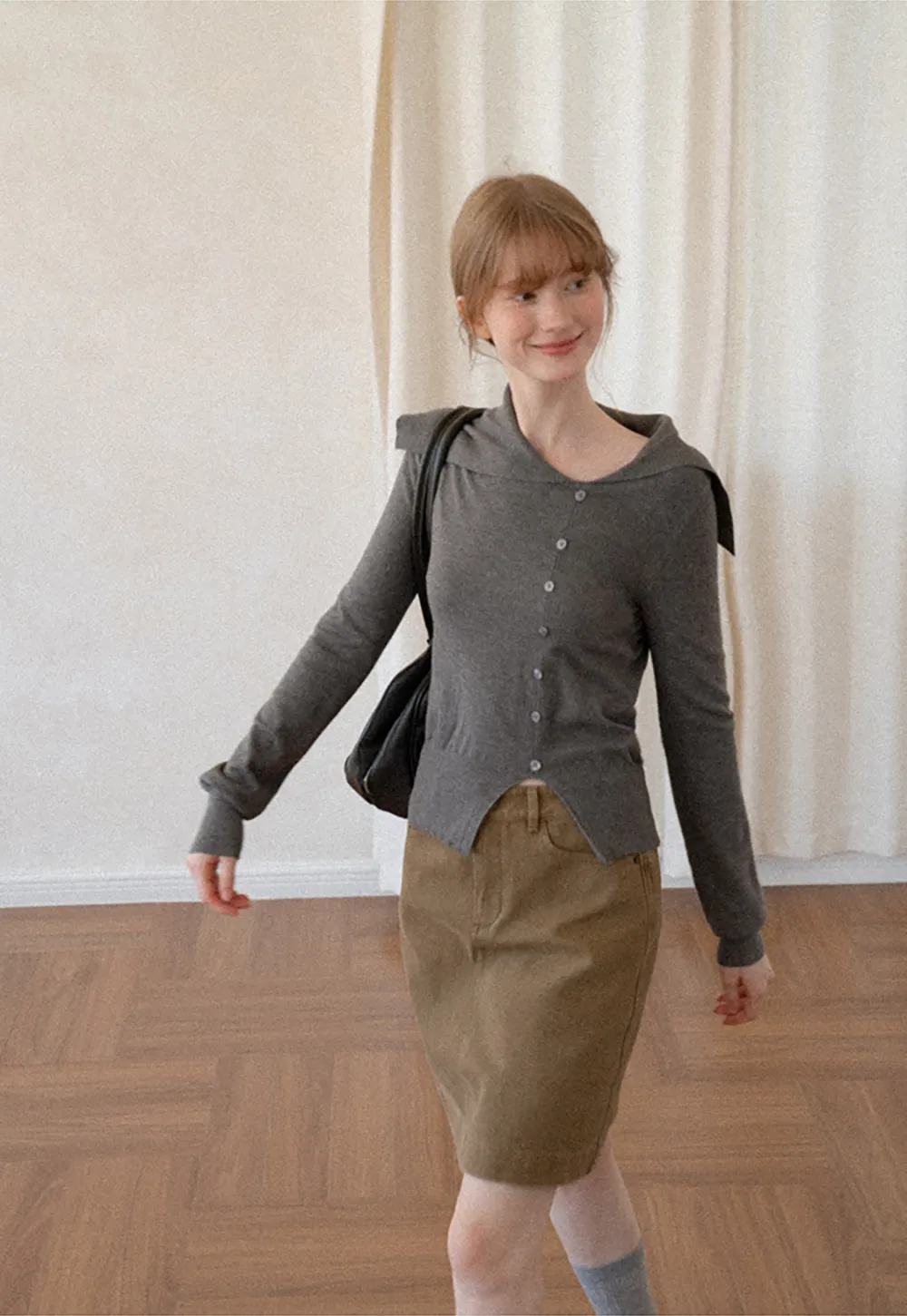 Asymmetrical Hem V Neck Button Front Knit Sweater